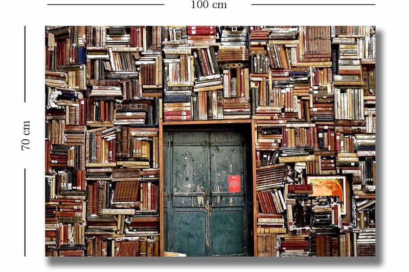 Canvastavla 70x100 cm - Vägg täckt av böcker med en dörr i mitten - Brun / Grön / Röd - Inredning - Tavlor & konst - Canvastavlor