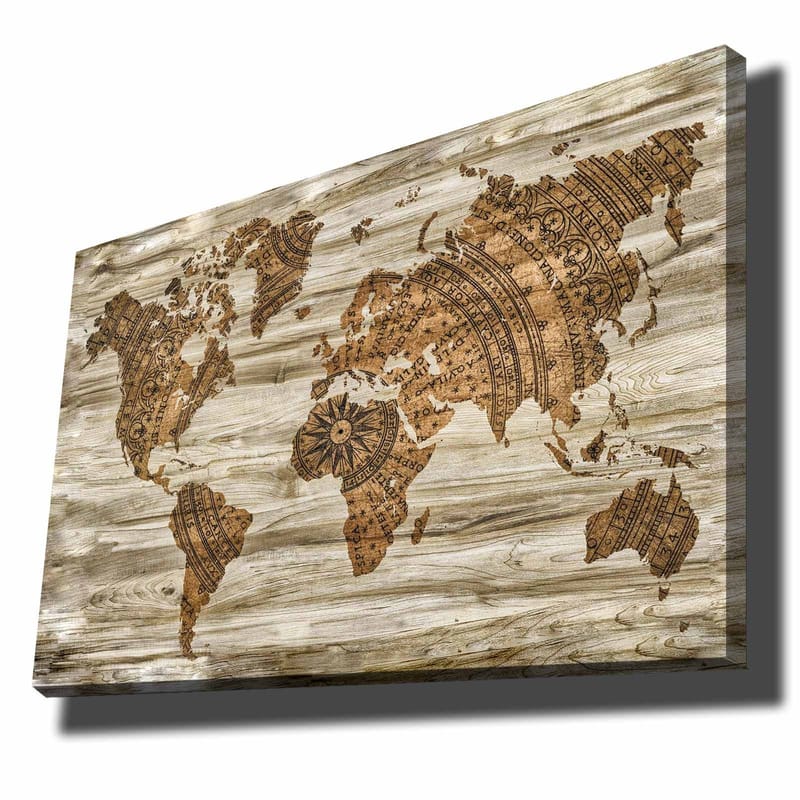 Canvastavla 70x100 cm - Världskarta i en dekorativ och stiliserad design med detaljerade mönster, Brun / Beige