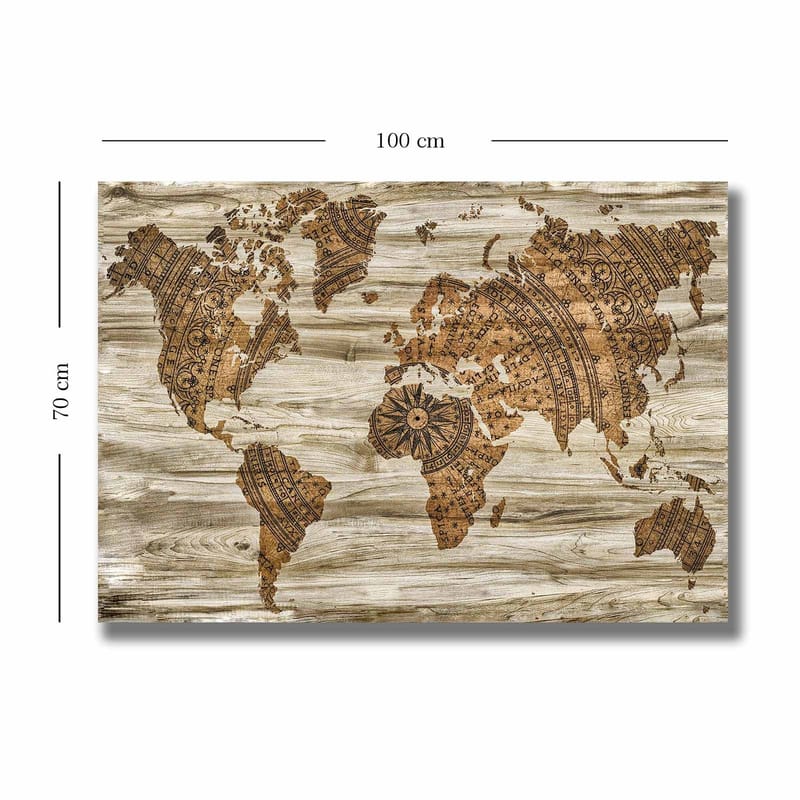 Canvastavla 70x100 cm - Världskarta i en dekorativ och stiliserad design med detaljerade mönster - Brun / Beige - Inredning - Tavlor & konst - Canvastavlor