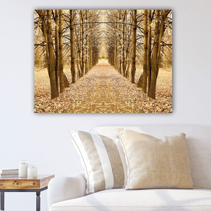Canvastavla 70x100 cm - Vacker allé av träd i höstfärger som leder mot en avlägsen punkt, Guld / Brunt / Beige