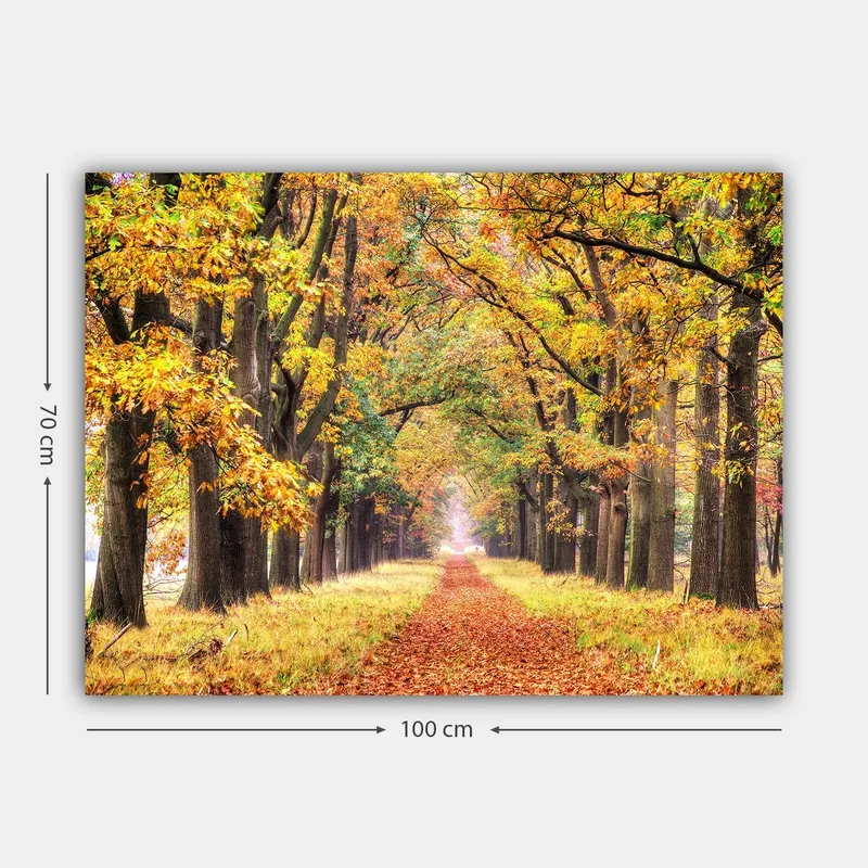 Canvastavla 70x100 cm - Vacker allé omgiven av höstfärgade träd som leder mot en ljusare horisont - Guldorange / Grön / Brun - Inredning - Tavlor & konst - Canvastavlor