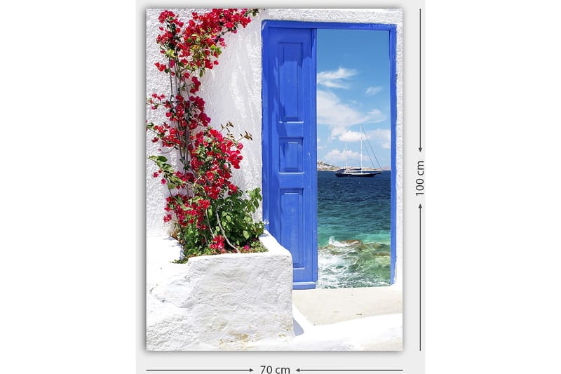 Canvastavla 70x100 cm - Vacker blå dörr omgiven av blommor i rött som leder ut mot en havsutsikt - Blå / Röd / Grön - Inredning - Tavlor & konst - Canvastavlor
