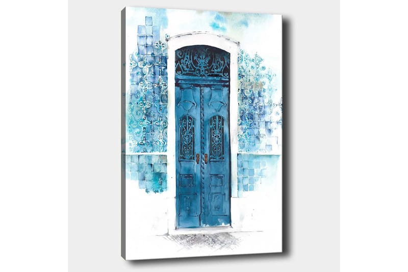 Canvastavla 70x100 cm - Vacker blå dörr omgiven av mjuka nyanser av blått och vitt - Blå / Ljusblå / Vit - Inredning - Tavlor & konst - Canvastavlor