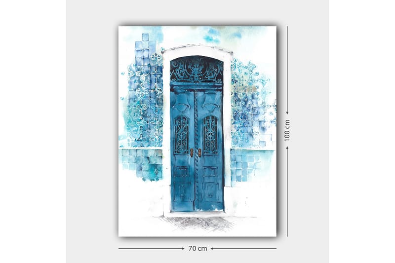 Canvastavla 70x100 cm - Vacker blå dörr omgiven av mjuka nyanser av blått och vitt - Blå / Ljusblå / Vit - Inredning - Tavlor & konst - Canvastavlor