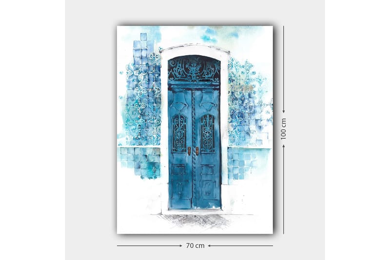 Canvastavla 70x100 cm - Vacker blå dörr omgiven av mjuka nyanser av blått och vitt - Blå / Ljusblå / Vit - Inredning - Tavlor & konst - Canvastavlor