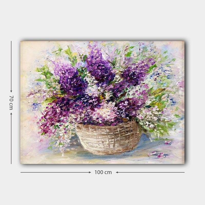 Canvastavla 70x100 cm - Vacker blomsterbukett i en korg med lila och vita blommor - Lila / Vit / Grön - Inredning - Tavlor & konst - Canvastavlor