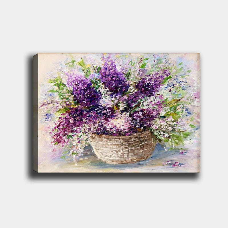 Canvastavla 70x100 cm - Vacker blomsterbukett i en korg med lila och vita blommor, Lila / Vit / Grön
