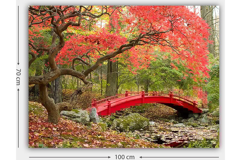 Canvastavla 70x100 cm - Vacker bro i röd färg omgiven av höstfärgade träd och löv - Röd / Grön / Brun - Inredning - Tavlor & konst - Canvastavlor