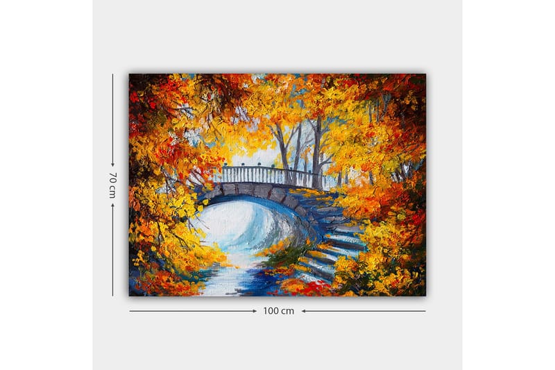 Canvastavla 70x100 cm - Vacker bro omgiven av höstfärgade träd och löv - Orange / Gult / Blått - Inredning - Tavlor & konst - Canvastavlor