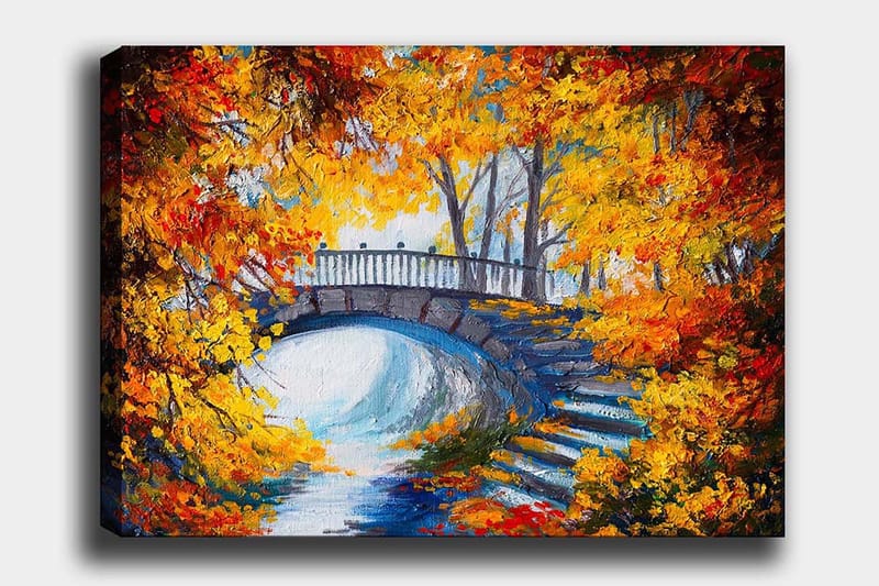 Canvastavla 70x100 cm - Vacker bro omgiven av höstfärgade träd och löv, Orange / Gult / Blått