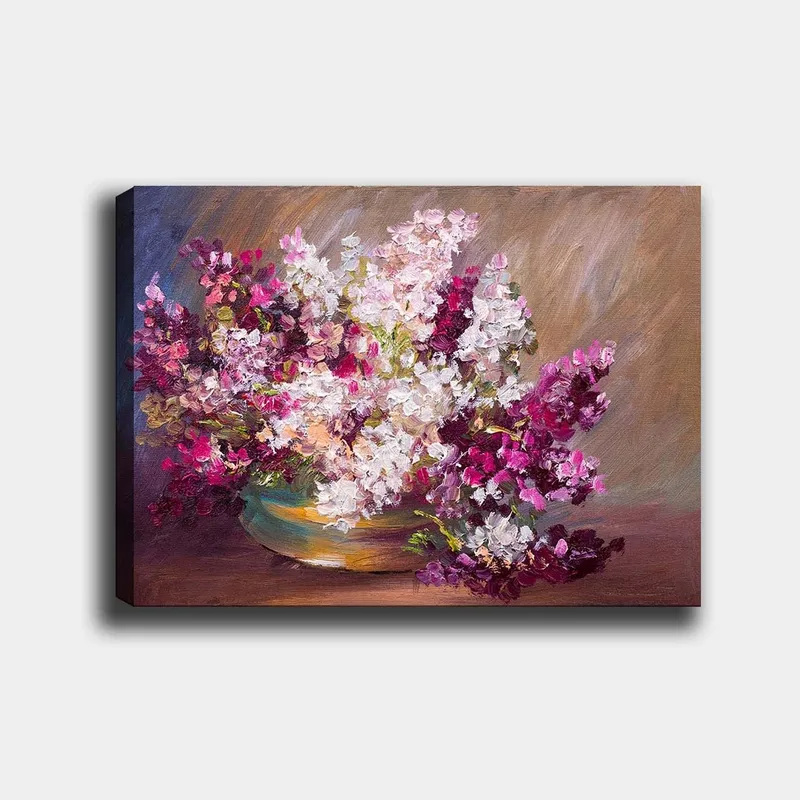 Canvastavla 70x100 cm - Vacker bukett av blommor i en skål, Lila / Vit / Grön
