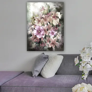 Canvastavla 70x100 cm - Vacker bukett av blommor i mjuka pastellfärger - Lila / Rosa / Grön - Inredning - Tavlor & konst - Canvastavlor