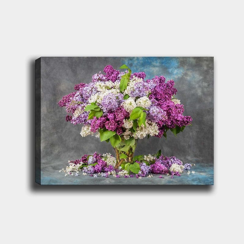 Canvastavla 70x100 cm - Vacker bukett av syrener i olika nyanser av lila och vitt, Lila / Vit / Grön