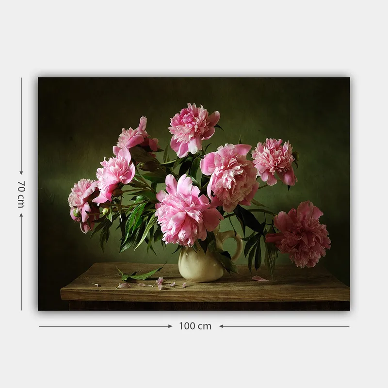 Canvastavla 70x100 cm - Vacker bukett av pioner i en kruka som står på ett bord - Rosa / Grön - Inredning - Tavlor & konst - Canvastavlor