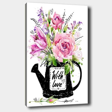 Canvastavla 70x100 cm - Vacker bukett blommor i en svart vattenkanna med texten With love - Rosa / Grön / Lila - Inredning - Tavlor & konst - Canvastavlor