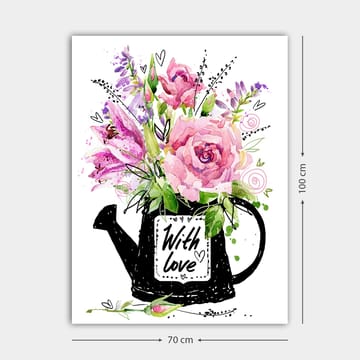Canvastavla 70x100 cm - Vacker bukett blommor i en svart vattenkanna med texten With love - Rosa / Grön / Lila - Inredning - Tavlor & konst - Canvastavlor