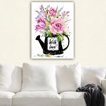 Canvastavla 70x100 cm - Vacker bukett blommor i en svart vattenkanna med texten With love - Rosa / Grön / Lila - Inredning - Tavlor & konst - Canvastavlor