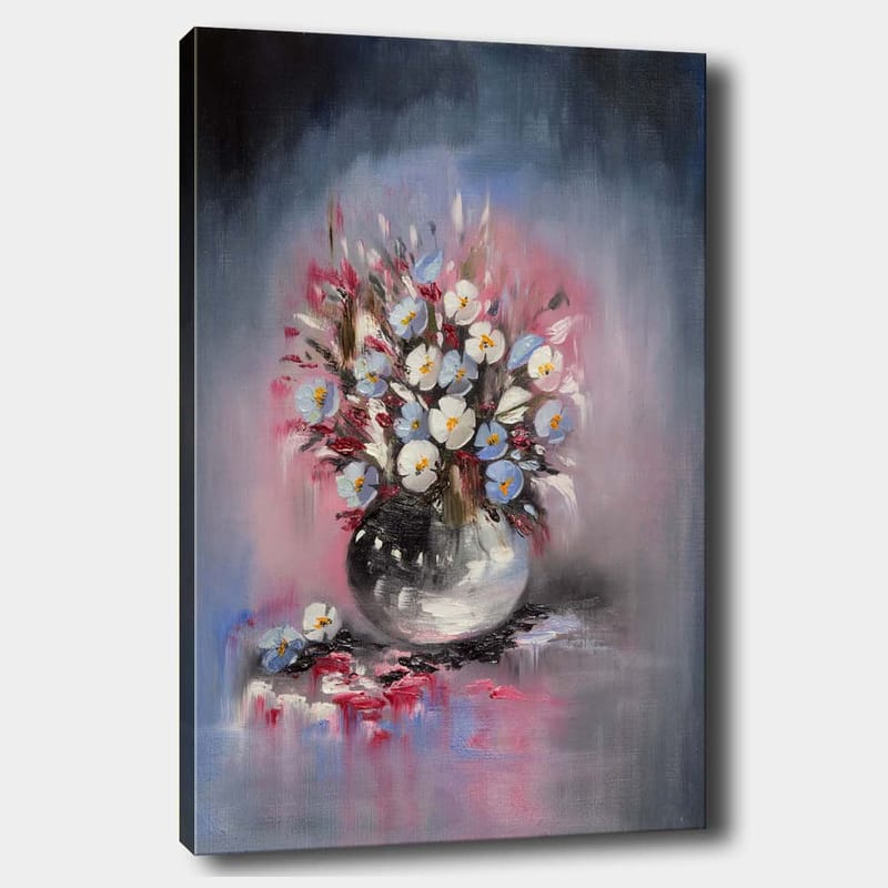 Canvastavla 70x100 cm - Vacker bukett med blommor i en rund vas - Blå / Vit / Svart - Inredning - Tavlor & konst - Canvastavlor