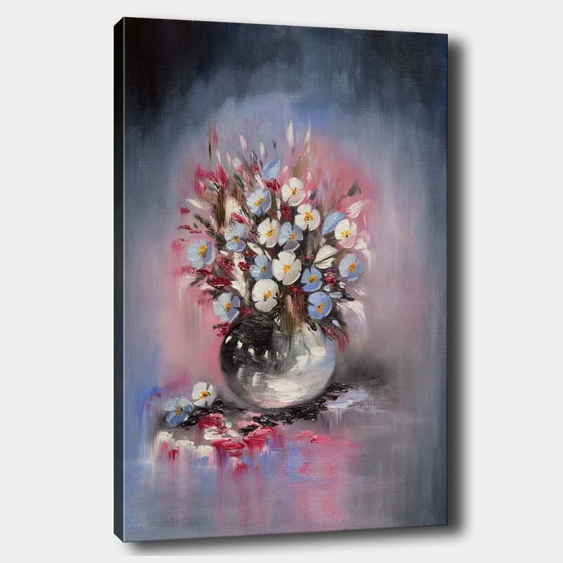 Canvastavla 70x100 cm - Vacker bukett med blommor i en rund vas - Blå / Vit / Svart - Inredning - Tavlor & konst - Canvastavlor