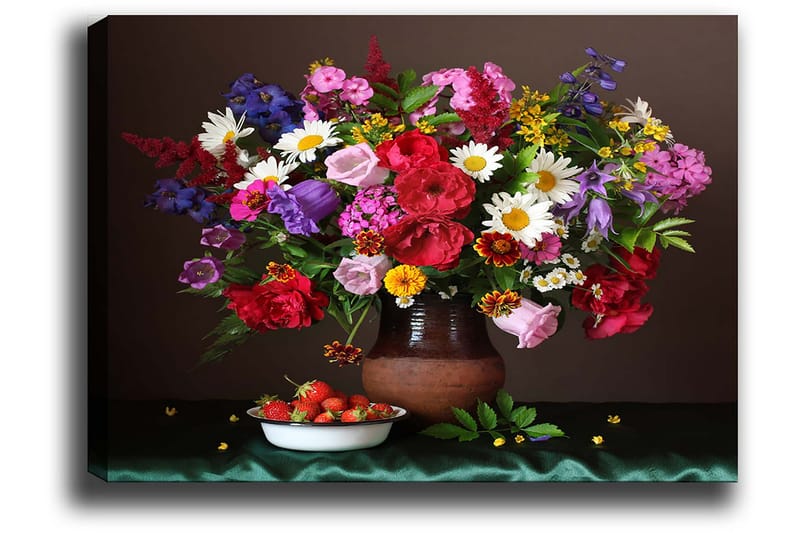 Canvastavla 70x100 cm - Vacker bukett med färgglada blommor i en keramikvas - Röd / Lila / Grön - Inredning - Tavlor & konst - Canvastavlor