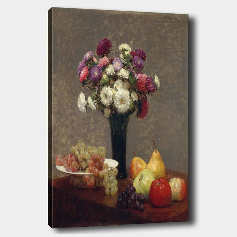 Canvastavla 70x100 cm - Vacker bukett med färgglada blommor i en vas, omgiven av frukter på ett bord - Lila / Grön / Röd - Inredning - Tavlor & konst - Canvastavlor