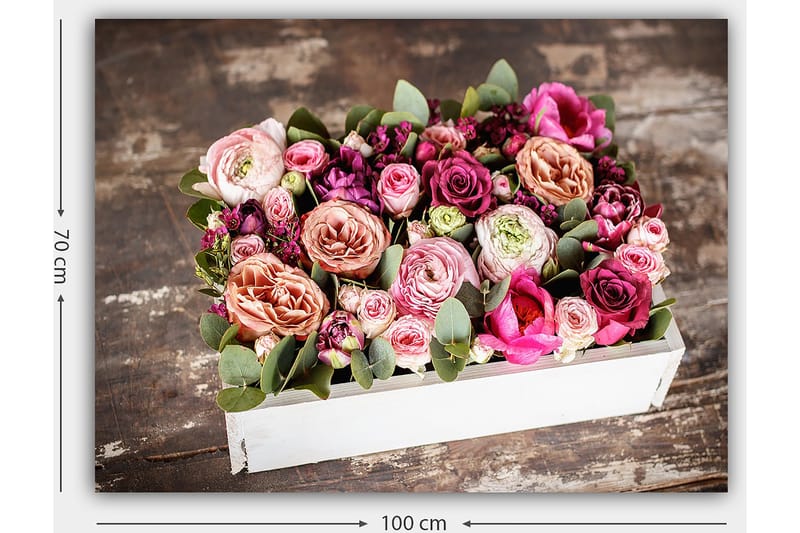 Canvastavla 70x100 cm - Vacker bukett med färgglada blommor i en vit låda - Rosa / Lila / Grön - Inredning - Tavlor & konst - Canvastavlor