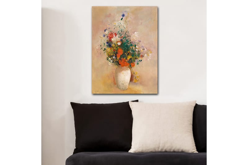 Canvastavla 70x100 cm - Vacker bukett med färgglada blommor i en vit vas - Röd / Grön / Gul - Inredning - Tavlor & konst - Canvastavlor