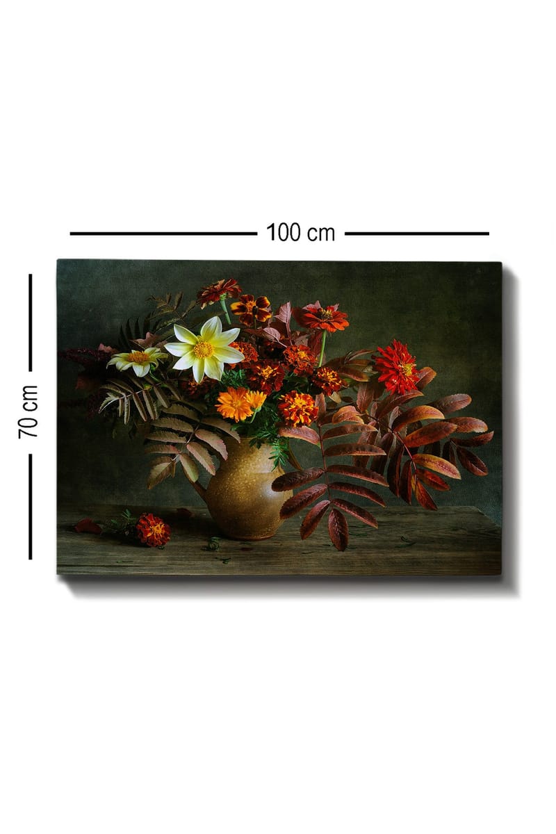 Canvastavla 70x100 cm - Vacker bukett med färgglada blommor och löv i en keramikvas - Vit / Orange / Röd - Inredning - Tavlor & konst - Canvastavlor