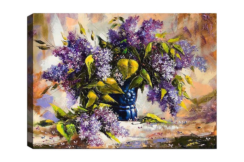 Canvastavla 70x100 cm - Vacker bukett med lila blommor i en blå vas - Lila / Grön / Blå - Inredning - Tavlor & konst - Canvastavlor