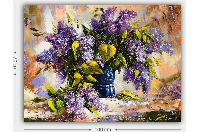 Canvastavla 70x100 cm - Vacker bukett med lila blommor i en blå vas - Lila / Grön / Blå - Inredning - Tavlor & konst - Canvastavlor