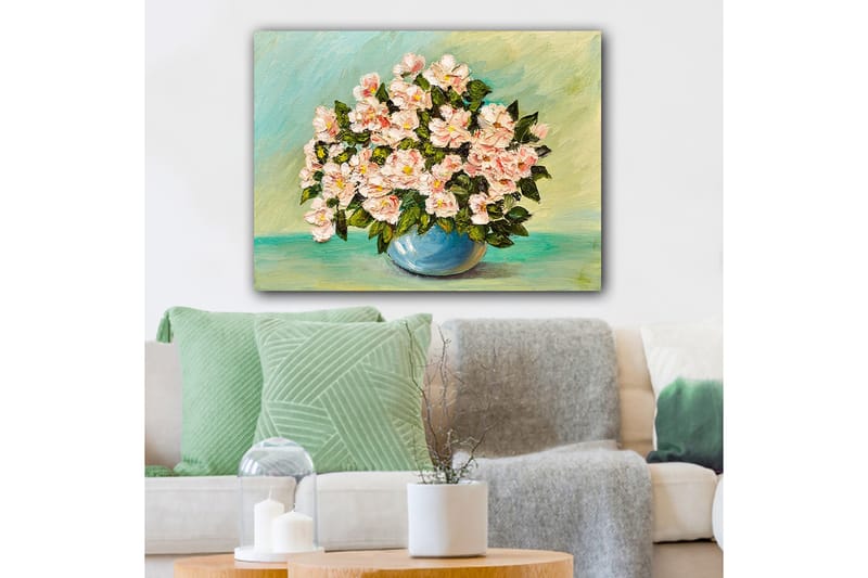 Canvastavla 70x100 cm - Vacker bukett med rosa blommor i en blå vas - Rosa / Grön / Blå - Inredning - Tavlor & konst - Canvastavlor