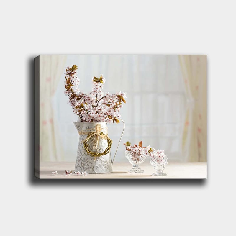 Canvastavla 70x100 cm - Vacker bukett med rosa blommor i en dekorativ kanna, Rosa / Grön / Vit