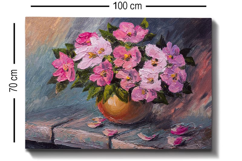 Canvastavla 70x100 cm - Vacker bukett med rosa blommor i en rund vas - Rosa / Grön / Beige - Inredning - Tavlor & konst - Canvastavlor
