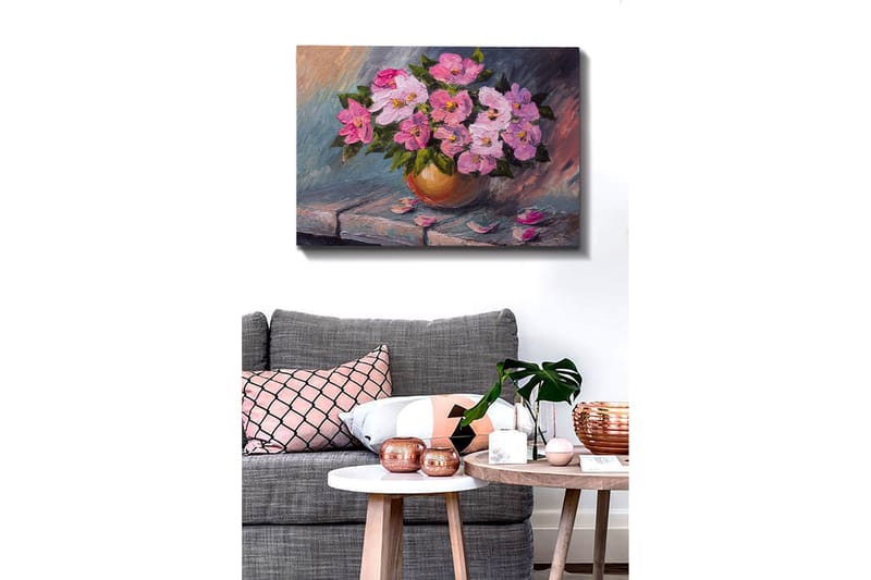 Canvastavla 70x100 cm - Vacker bukett med rosa blommor i en rund vas - Rosa / Grön / Beige - Inredning - Tavlor & konst - Canvastavlor