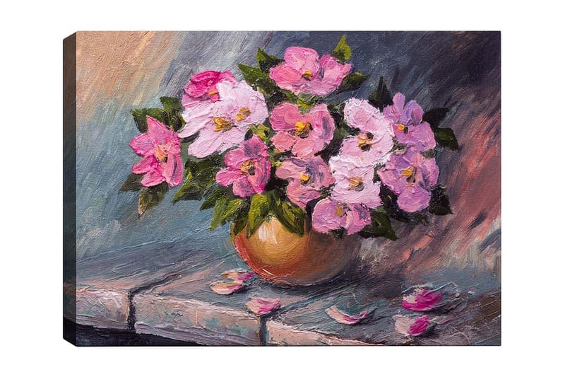 Canvastavla 70x100 cm - Vacker bukett med rosa blommor i en rund vas, Rosa / Grön / Beige