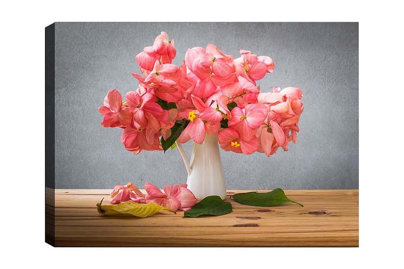 Canvastavla 70x100 cm - Vacker bukett med rosa blommor i en vit vas - Rosa / Grön / Gul - Inredning - Tavlor & konst - Canvastavlor