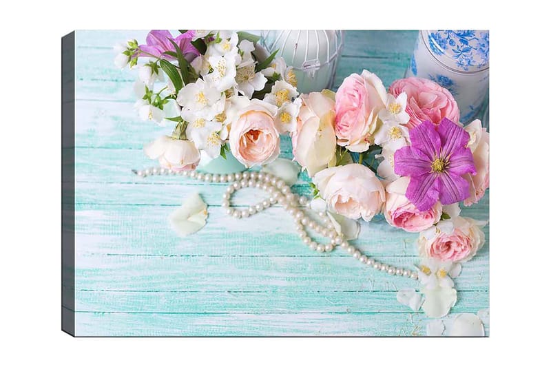 Canvastavla 70x100 cm - Vacker bukett med rosa och lila blommor tillsammans med pärlor på en ljusgrön bakgrund, Rosa / Lila / Vit