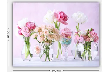 Canvastavla 70x100 cm - Vacker bukett med rosa och vita blommor i olika glasvaser - Rosa / Vit / Grön - Inredning - Tavlor & konst - Canvastavlor