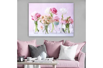Canvastavla 70x100 cm - Vacker bukett med rosa och vita blommor i olika glasvaser - Rosa / Vit / Grön - Inredning - Tavlor & konst - Canvastavlor