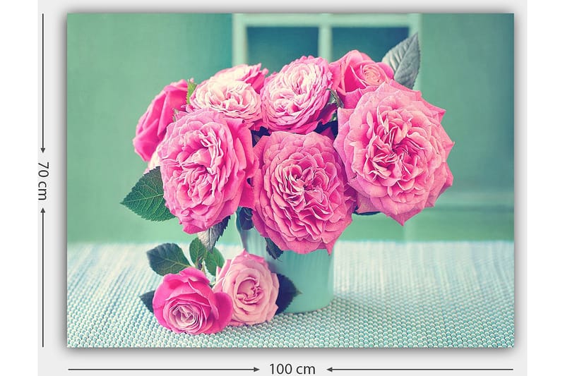 Canvastavla 70x100 cm - Vacker bukett med rosa rosor i en ljus vas - Rosa / Grön - Inredning - Tavlor & konst - Canvastavlor