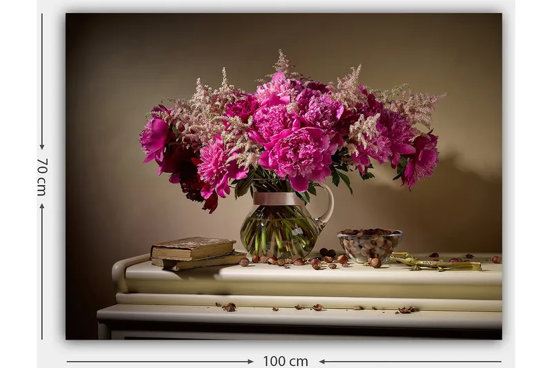 Canvastavla 70x100 cm - Vacker bukett med rosa pioner i en glasvas - Rosa / Grön / Beige - Inredning - Tavlor & konst - Canvastavlor