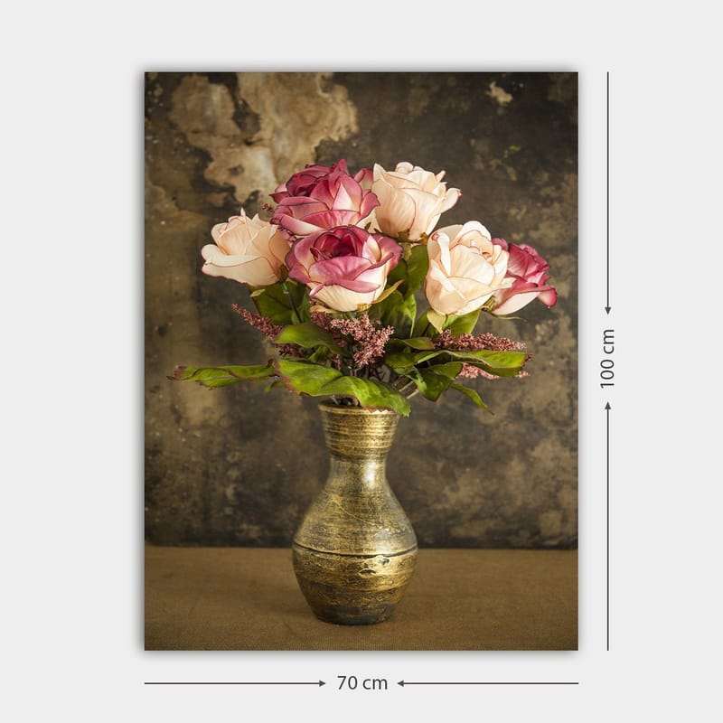 Canvastavla 70x100 cm - Vacker bukett med rosor i en dekorativ vas - Rosa / Grön / Guld - Inredning - Tavlor & konst - Canvastavlor