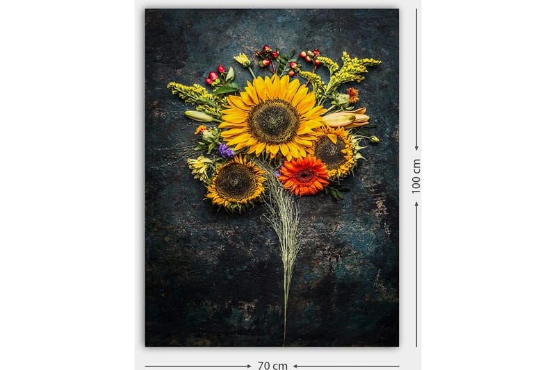 Canvastavla 70x100 cm - Vacker bukett med solrosor och färgglada blommor - Gul / Orange / Grön - Inredning - Tavlor & konst - Canvastavlor