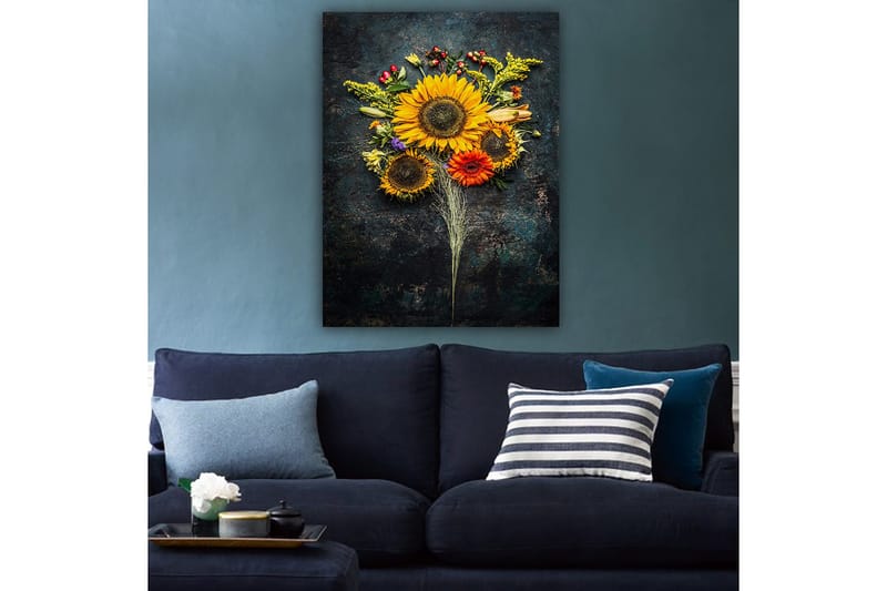Canvastavla 70x100 cm - Vacker bukett med solrosor och färgglada blommor - Gul / Orange / Grön - Inredning - Tavlor & konst - Canvastavlor