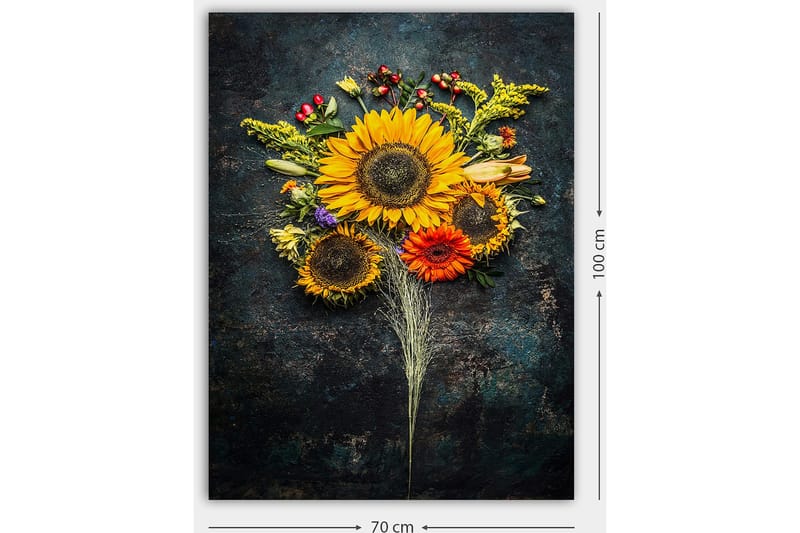 Canvastavla 70x100 cm - Vacker bukett med solrosor och färgglada blommor - Gul / Orange / Grön - Inredning - Tavlor & konst - Canvastavlor