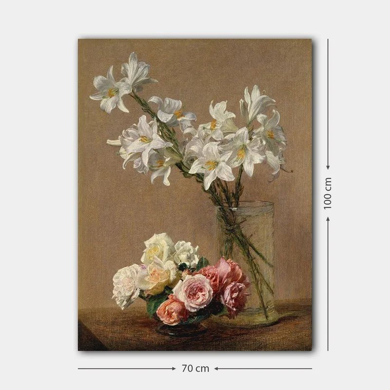 Canvastavla 70x100 cm - Vacker bukett med vita liljor och rosor i olika nyanser i en glasvas - Vitt / Rosa / Grönt - Inredning - Tavlor & konst - Canvastavlor