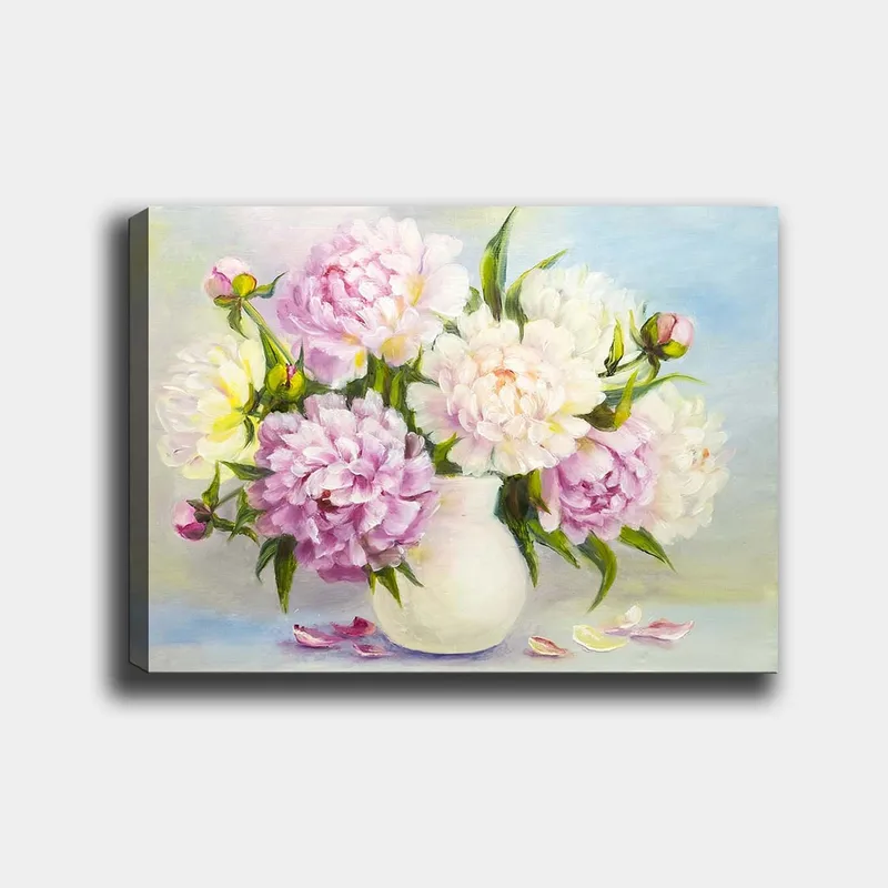 Canvastavla 70x100 cm - Vacker bukett med pioner i en vit vas, Ljusrosa / Vit / Grön