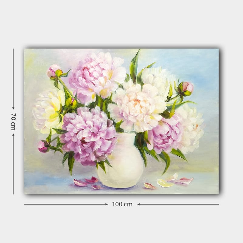 Canvastavla 70x100 cm - Vacker bukett med pioner i en vit vas - Ljusrosa / Vit / Grön - Inredning - Tavlor & konst - Canvastavlor