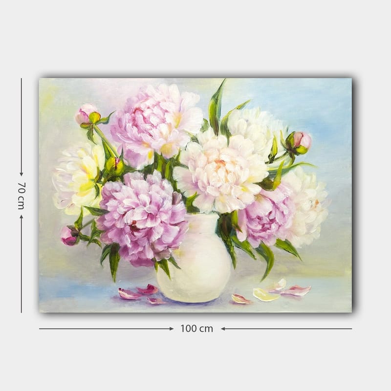 Canvastavla 70x100 cm - Vacker bukett med pioner i en vit vas - Ljusrosa / Vit / Grön - Inredning - Tavlor & konst - Canvastavlor