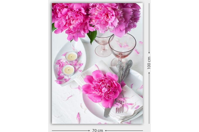 Canvastavla 70x100 cm - Vacker dukning med rosa pioner och eleganta glas - Rosa / Vit - Inredning - Tavlor & konst - Canvastavlor